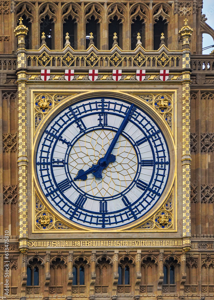 Big Ben clockface on Great Clock of Westminster parliament houses, closeup detail to gothic decoration. It was completed in 1859. Hands painted original Prussian blue after reconstruction Big Ben clockface on Great Clock of Westminster parliament houses, closeup detail to gothic decoration. It was completed in 1859. Hands painted original Prussian blue after reconstruction