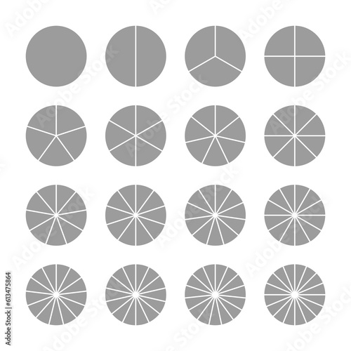 Round section graph. Pie diagram template. Gray circle chart. Circular structure divided into pieces. Set schemes. Piechart with segments and slices. Vector illustration