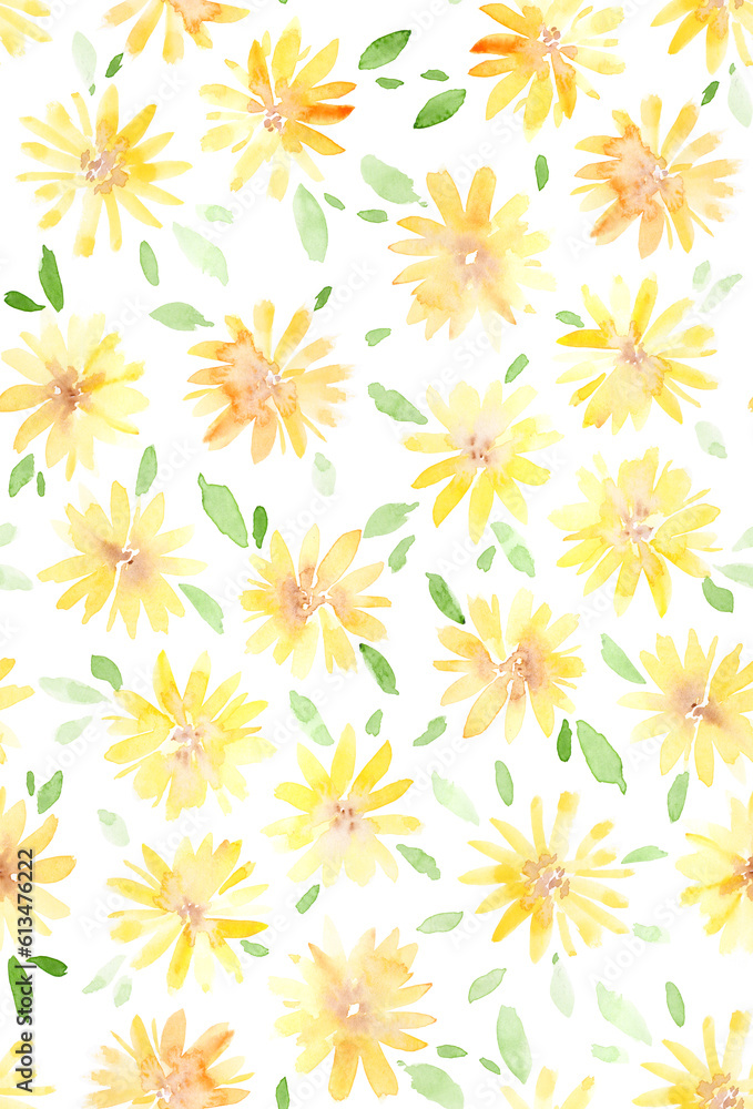 Hand painted watercolor all over seamless spring yellow daisy floral pattern with green leaves in repeat on an isolated white background Hand painted watercolor all over seamless spring yellow daisy floral pattern with green leaves in repeat on an isolated white background