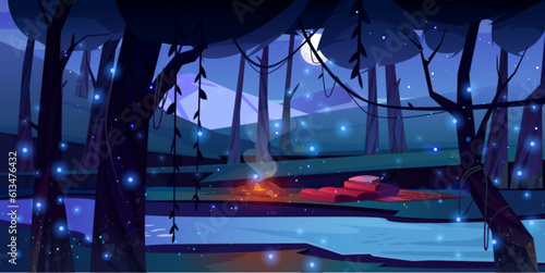Night jungle forest with swamp and firefly vector background. Fantasy game landscape with tree, pond water, campfire and pillow. Fantastic and spooky adventure illustration with moonlight and glowworm