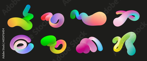 Modern 3d shapes collection isolated on black background. Fluid gradient blend vector art. Liquid color