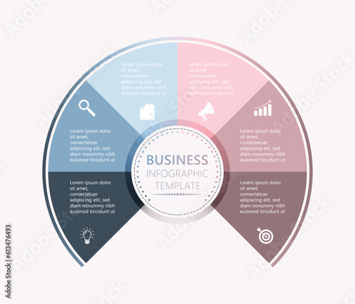 Business Infographic Template, Advertising Pie Chart Presentation, Six Steps Three Quarters Work Process Circle Diagram