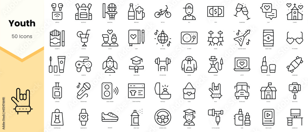 Set of youth Icons. Simple line art style icons pack. Vector illustration