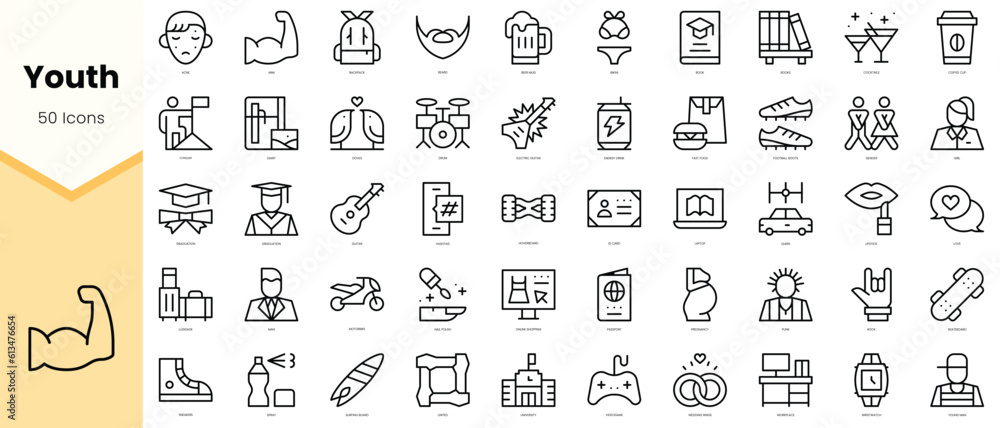 Set of youth Icons. Simple line art style icons pack. Vector illustration