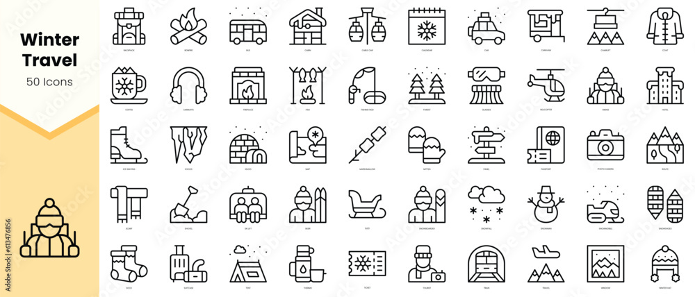 Set of winter travel Icons. Simple line art style icons pack. Vector illustration