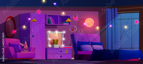 Night pink girly bedroom interior vector cartoon. Teen bed and neon lamp light in teenage room. Purple female furniture in dark flat with nobody. Bulb mirror, armchair and carpet at teenager home
