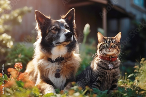 Cat and dog playing together outdoor in sunny garden 