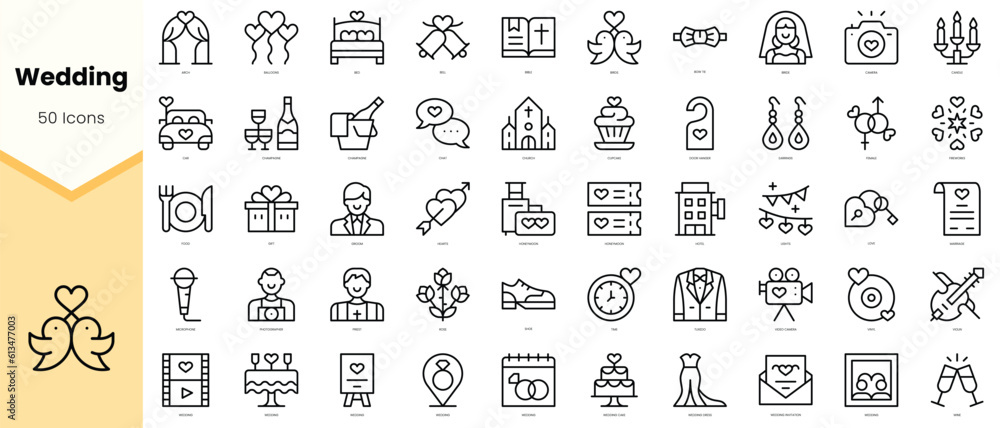 Set of wedding Icons. Simple line art style icons pack. Vector illustration