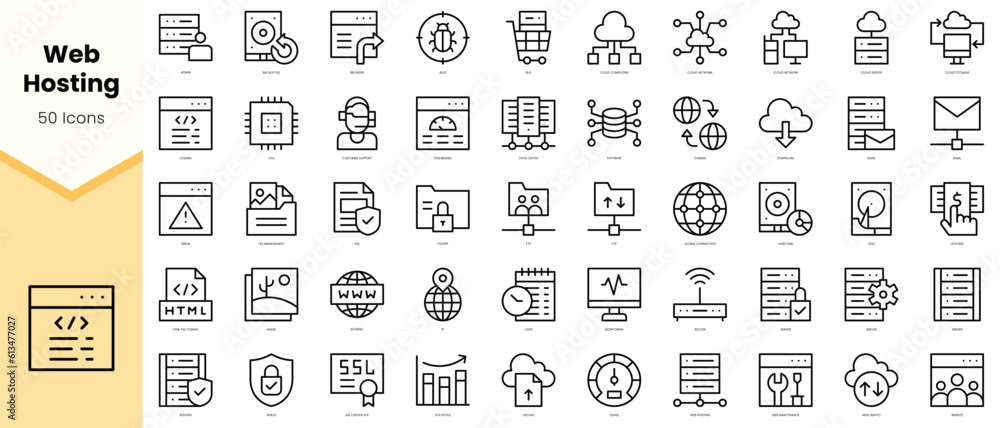 Set of web hosting Icons. Simple line art style icons pack. Vector illustration