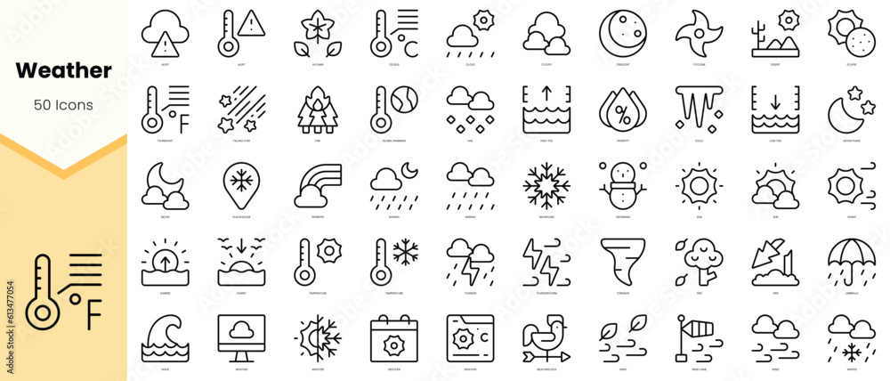 Set of weather Icons. Simple line art style icons pack. Vector illustration - obrazy, fototapety, plakaty 