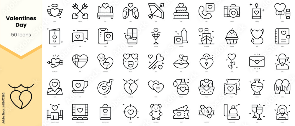 Set of valentines day Icons. Simple line art style icons pack. Vector illustration