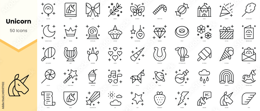 Set of unicorn Icons. Simple line art style icons pack. Vector illustration