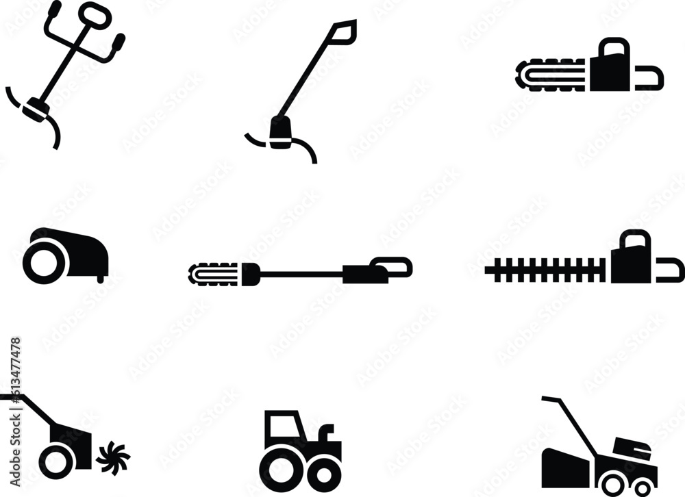 Garden tools, solid icon set, eletrics hedge shears,  pole pruner icon, cultivator icon, robot lawnmower