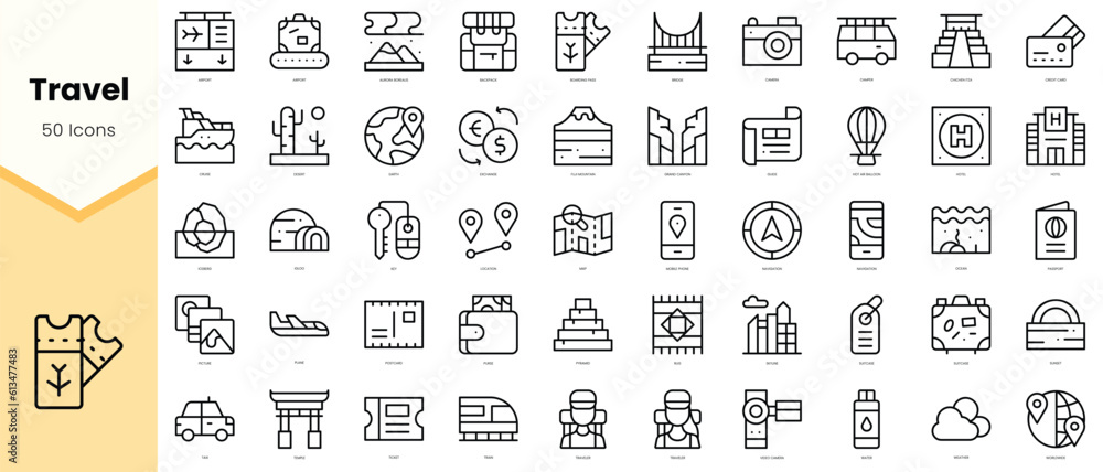 Set of travel Icons. Simple line art style icons pack. Vector illustration - obrazy, fototapety, plakaty 