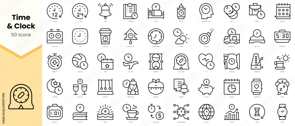 Set of time and clock Icons. Simple line art style icons pack. Vector illustration