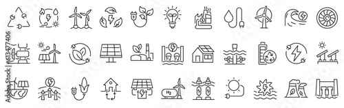 Set of outline icons related to green, renewable energy, alternative sources energy. Eco icon collection. Editable stroke. Vector illustration. 