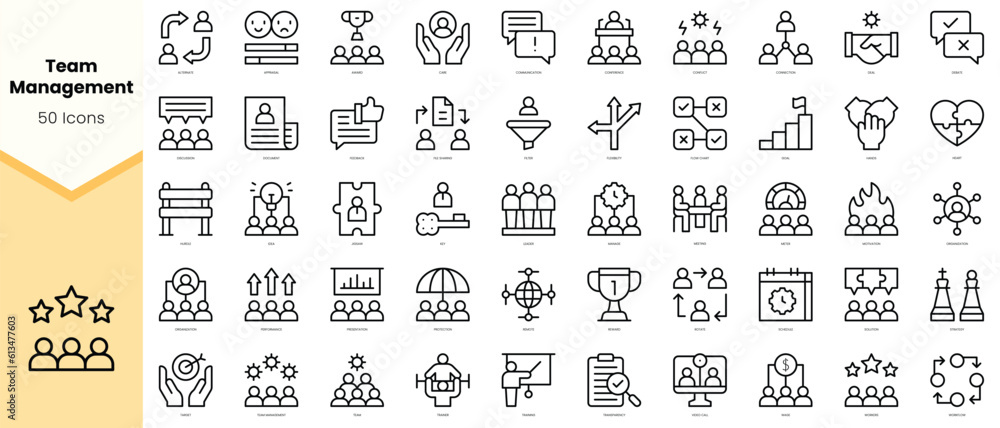 Set of team management Icons. Simple line art style icons pack. Vector illustration