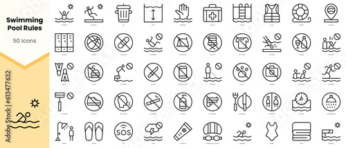 Set of swimming pool rules Icons. Simple line art style icons pack. Vector illustration photo
