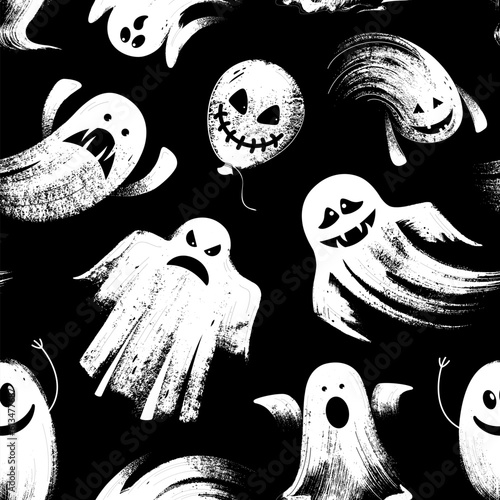 Happy halloween illustration. Seamless pattern with cartoon characters. Cute white ghosts on the black background.
