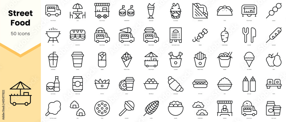Set of street food Icons. Simple line art style icons pack. Vector illustration