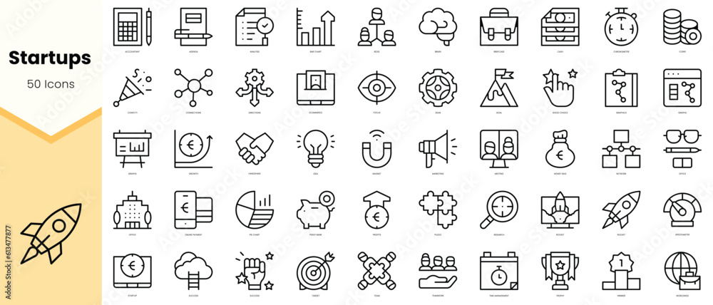 Set of startups Icons. Simple line art style icons pack. Vector illustration