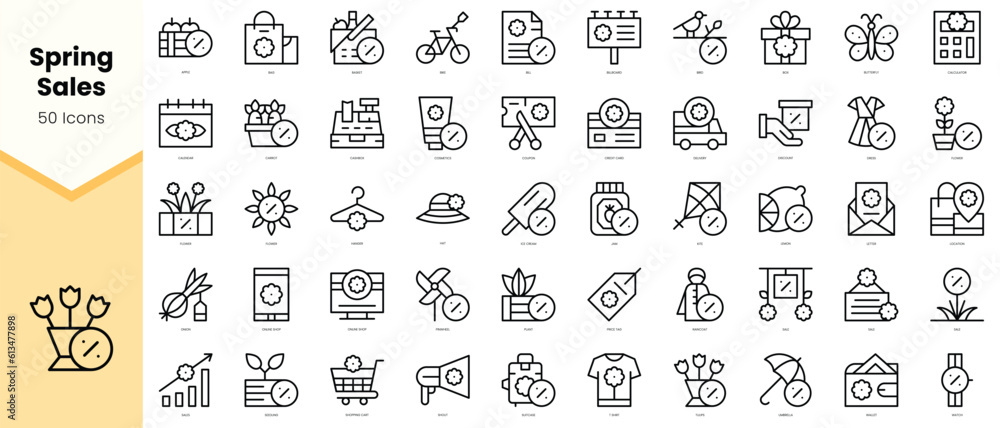 Set of spring sales Icons. Simple line art style icons pack. Vector illustration