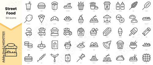 Set of street food Icons. Simple line art style icons pack. Vector illustration