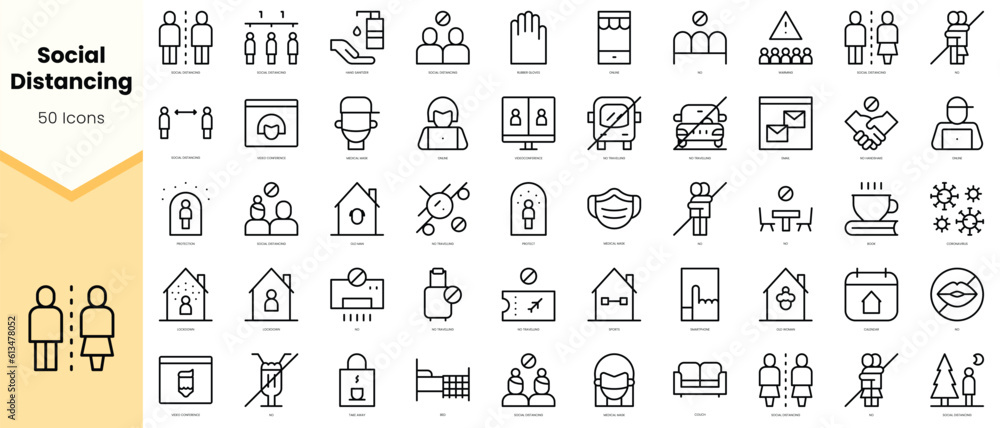 Set of social distancing Icons. Simple line art style icons pack. Vector illustration