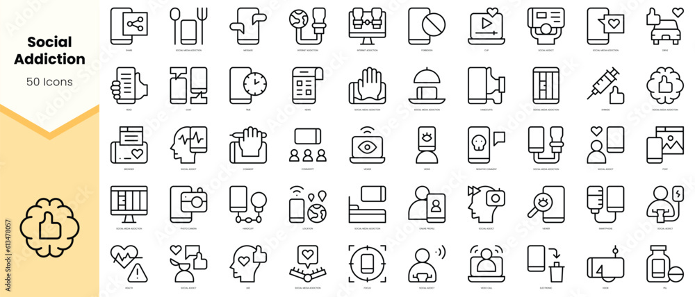 Set of social addiction Icons. Simple line art style icons pack. Vector illustration