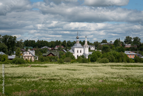 View of Ilyinsky Meadow, the Church of the Nativity of John the Baptist and the Church of the Epiphany on a sunny summer day, Suzdal, Vladimir region, Russia photo