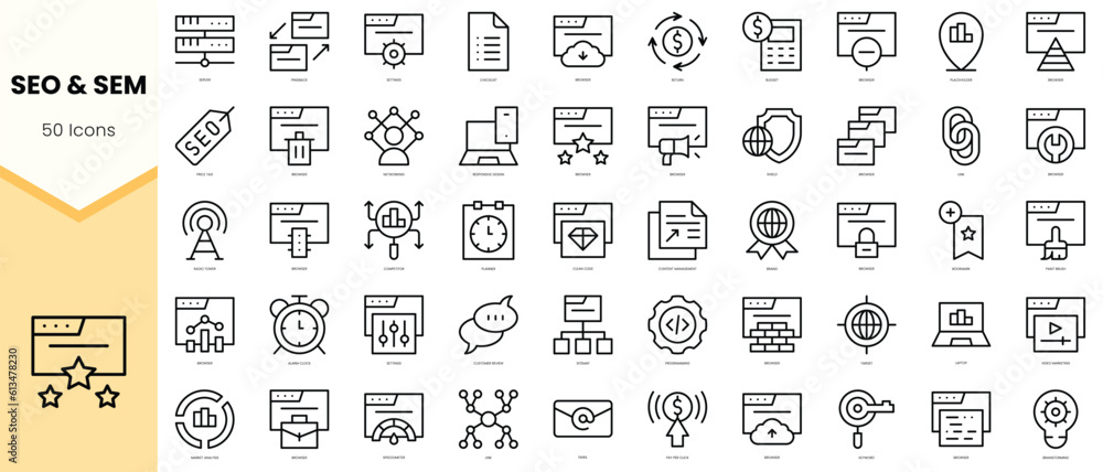 Set of seo and sem Icons. Simple line art style icons pack. Vector illustration