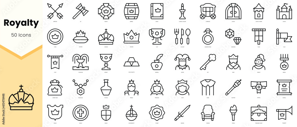 Set of royalty Icons. Simple line art style icons pack. Vector illustration
