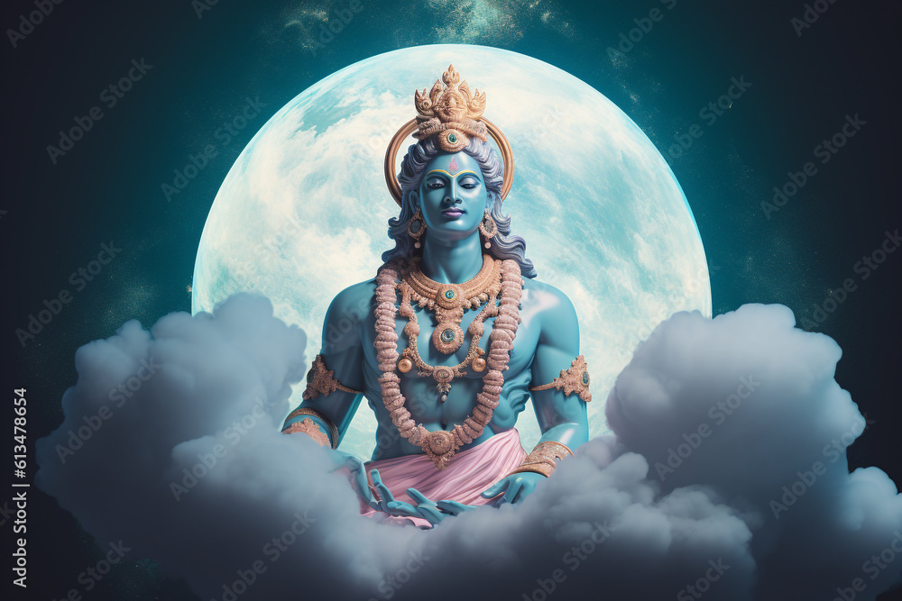 Naklejka premium Culture and religious, states of mind concept. Hindu god Krishna and cloud ball surreal illustration. Generative AI