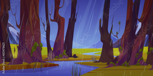 Mountain river flowing in forest. Vector cartoon illustration of rainy spring weather, green summer landscape with wet trees, stormy blue sky, stream or brook in valley, beautiful nature