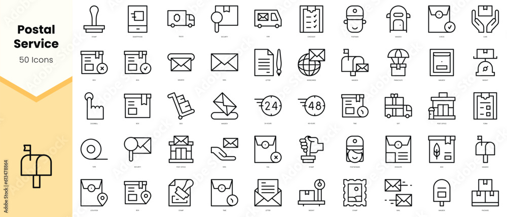 Set of postal service Icons. Simple line art style icons pack. Vector illustration