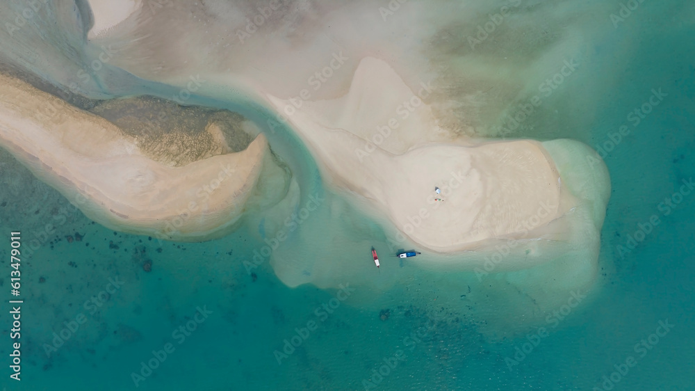 Aerial view Summer with Sand bank while relaxing on vacation as white sand beach in the lagoon background Aerial view Summer with Sand bank while relaxing on vacation as white sand beach in the lagoon background
