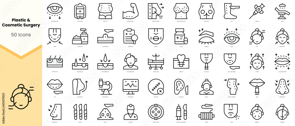 Set of plastic and cosmetic surgery Icons. Simple line art style icons ...