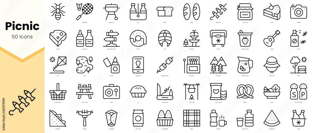 Set of picnic Icons. Simple line art style icons pack. Vector ...