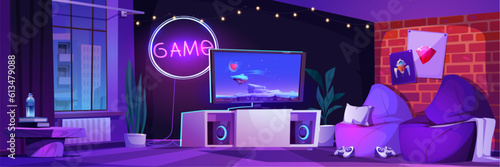 Gamer tournament night cartoon illustration vector. Streamer room interior for video game with console, tv and joystick. Dark online lounge ad design for virtual party in house cyber studio.