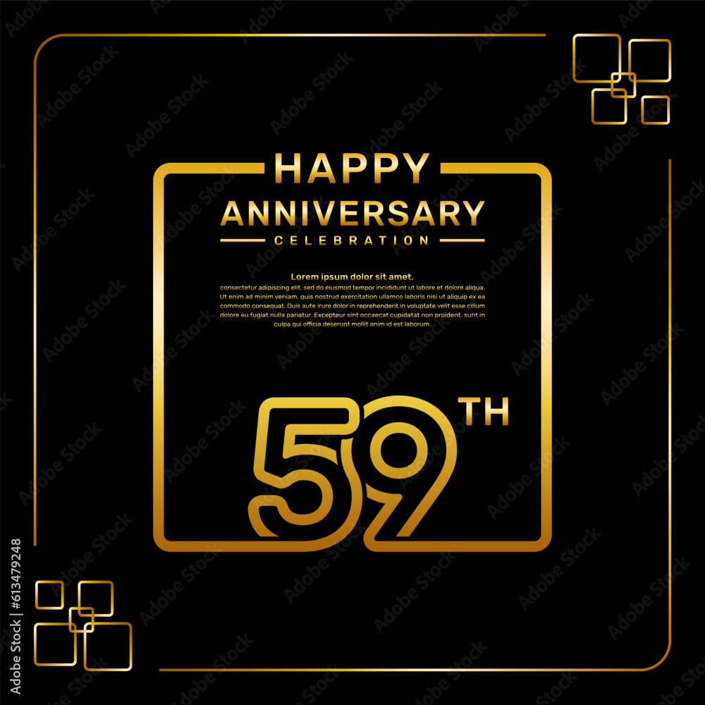 59 year anniversary celebration logo in golden color, square style, vector template illustration