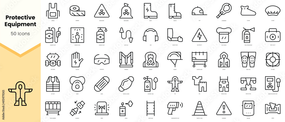 Set of personal protective equipment Icons. Simple line art style icons pack. Vector illustration