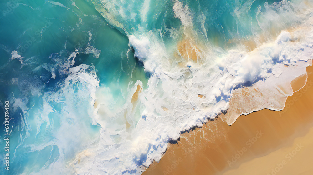 Fototapeta premium Waves breaking on a beautiful sandy beach, View from the sky, Generative AI