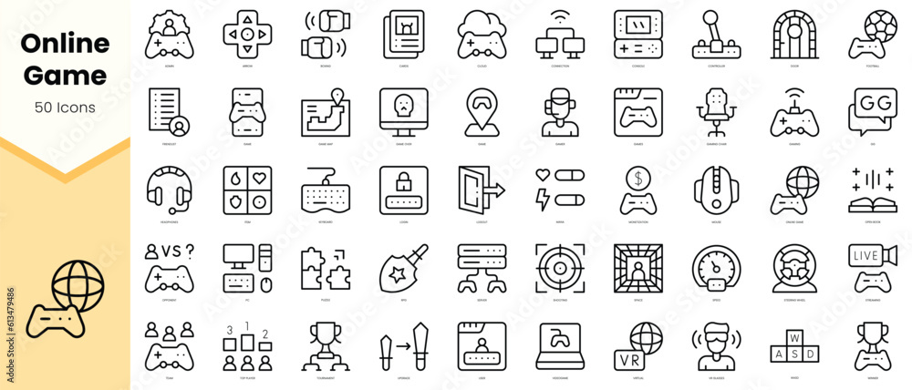Set of online game Icons. Simple line art style icons pack. Vector illustration