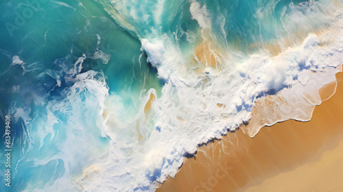 Waves breaking on a beautiful sandy beach, View from the sky, Generative AI