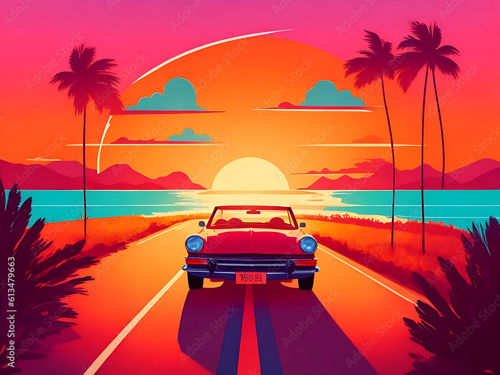 Summer vibes 80s style illustration with car driving into sunset. Generative AI 2023