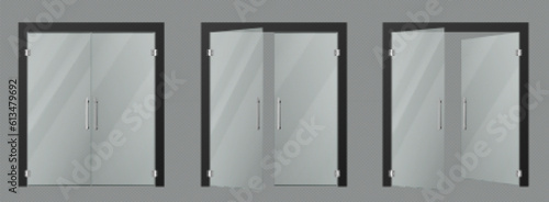 Store glass door entrance and window vector mockup. Isolated 3d double closed big storefront facade with black frame and steel handle for supermarket building in mall on transparent background.