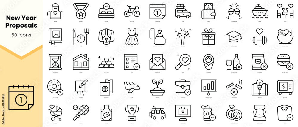 Set of new year proposals Icons. Simple line art style icons pack. Vector illustration