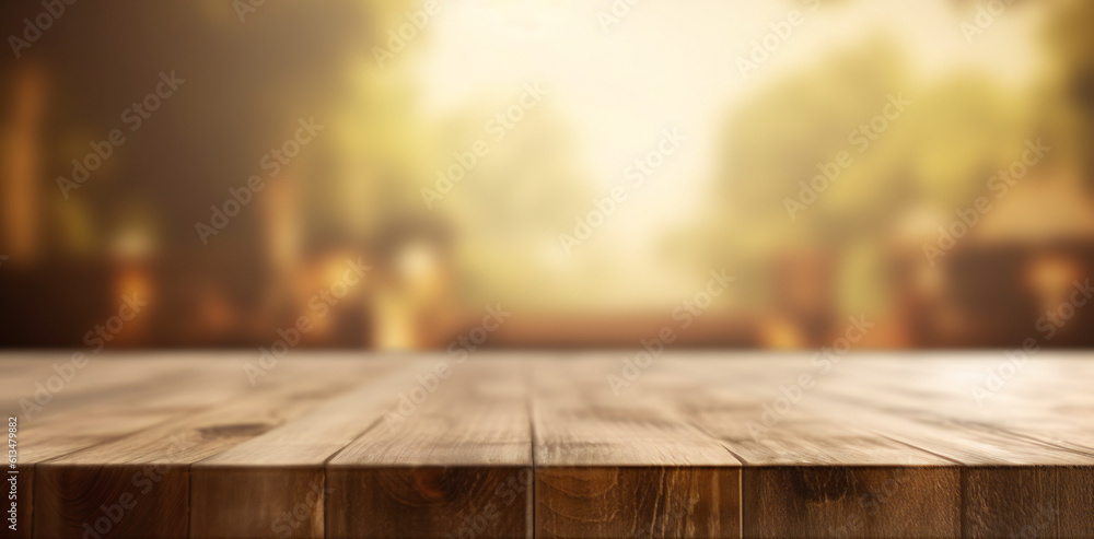 An empty wooden table top with blurred background, Generative AI An empty wooden table top with blurred background, Generative AI