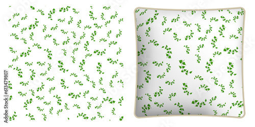 Square decorative pillow, bedroom accessory decorated thin birch twigs and green leaves seamless pattern. Floral ornament. Vector ornament for design of posters and printing on textile