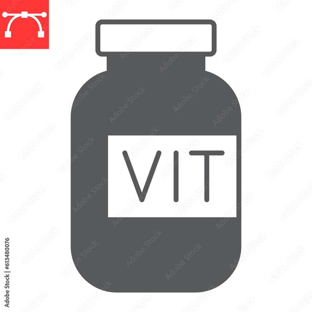 Vitamin bottle glyph icon, supplements and health, pills bottle vector icon, vector graphics, editable stroke solid sign, eps 10. Vitamin bottle glyph icon, supplements and health, pills bottle vector icon, vector graphics, editable stroke solid sign, eps 10.